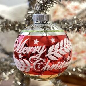 3" Radko Shiny Brite Stenciled Flocked Ornament Merry Christmas Red Green Silver